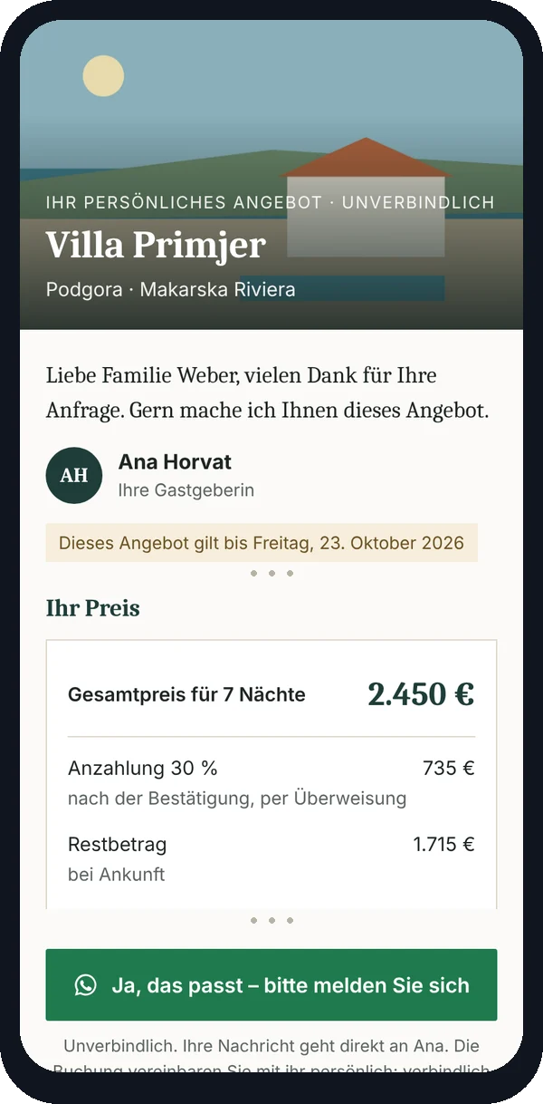 Primjer: gost na WhatsAppu dobiva poveznicu na online ponudu na njemačkom s cijenom, uvjetima i uvjetima, te PDF na e-mail