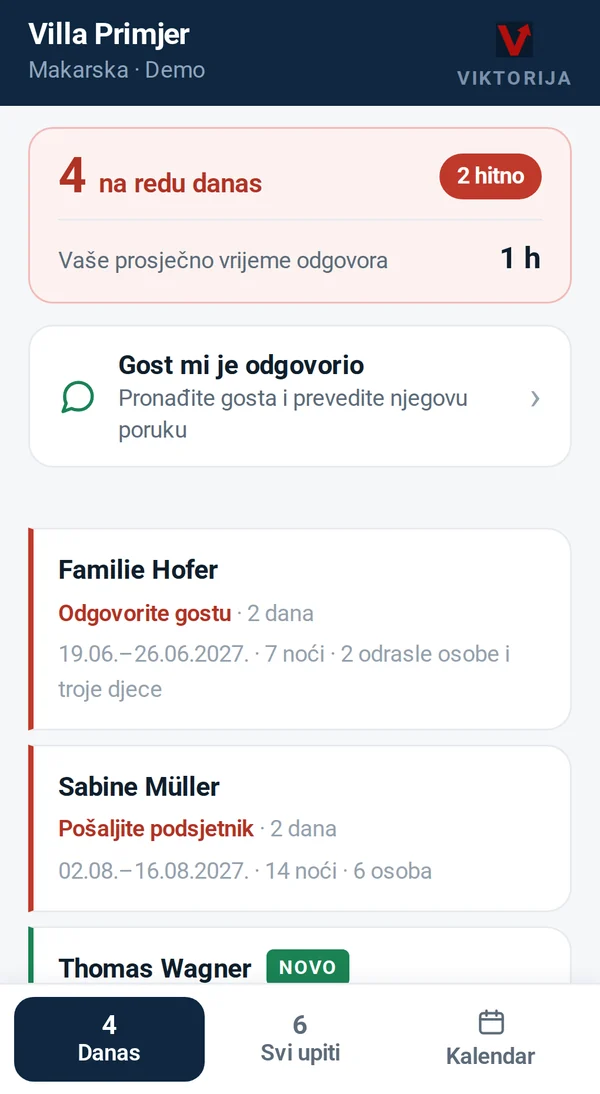 Aplikacija Upiti: popis upita koji su danas na redu